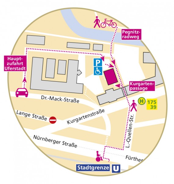 Karte mit eingezeichnetem Anfahrtsweg zum Rundfunkmuseum.