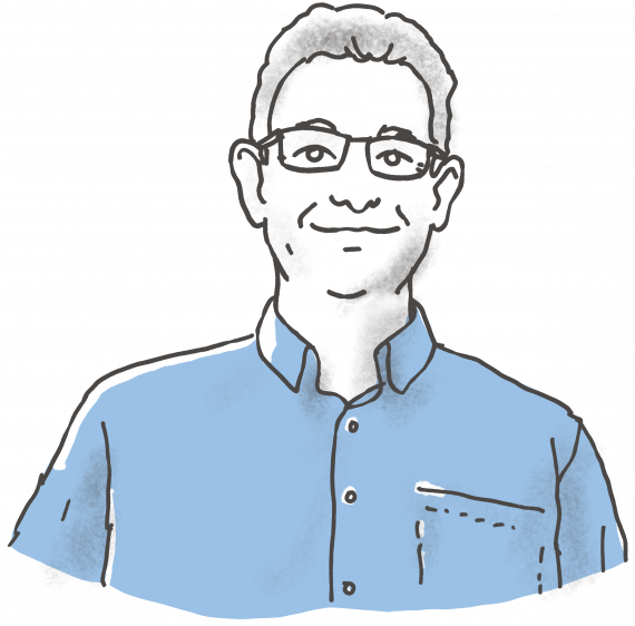 Skizze von Martin in schwarz-weiß mit hellblauem Hemd. Er trägt eine eckige schmale Brille