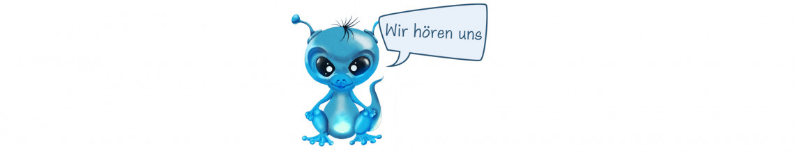 Illustration des kleinen Ausserirdischen Manuuk mit einer Sprechblase und dem Text "Wir hören uns".